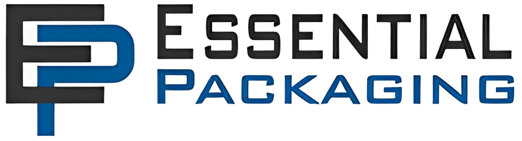 Logo with interlocking letters "EP" in black and blue, followed by the text "Essential Packaging" in a bold font.